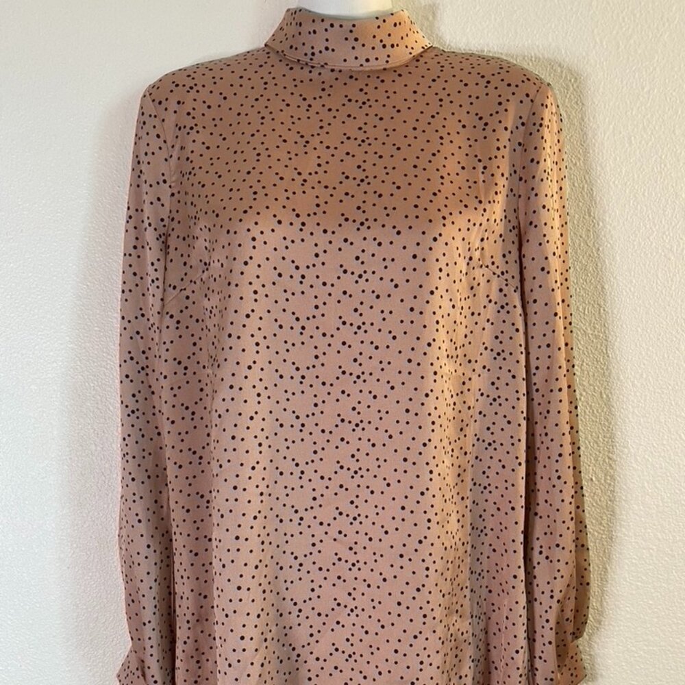 Missguided Roll Neck Zipper Back Long Sleeve Silky Rose Gold Black Spots Blouse